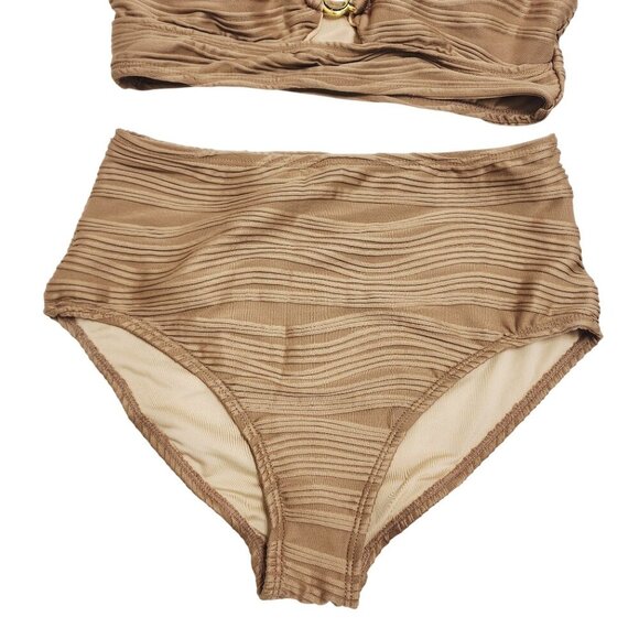 Brown High-Waisted Textured Bikini Set Strappy Back Size S - Picture 5 of 5